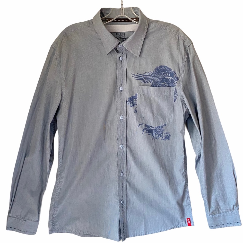 NWT edc by ESPRIT Striped Button Up Shirt Graphic Print Blue Men Size Large